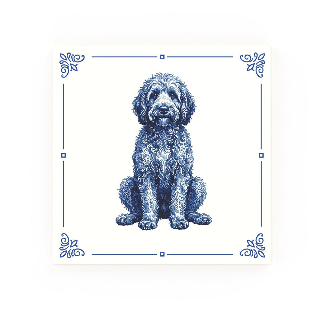 Golden Doodle Delft blue decorative ceramic tile – Classic corner style