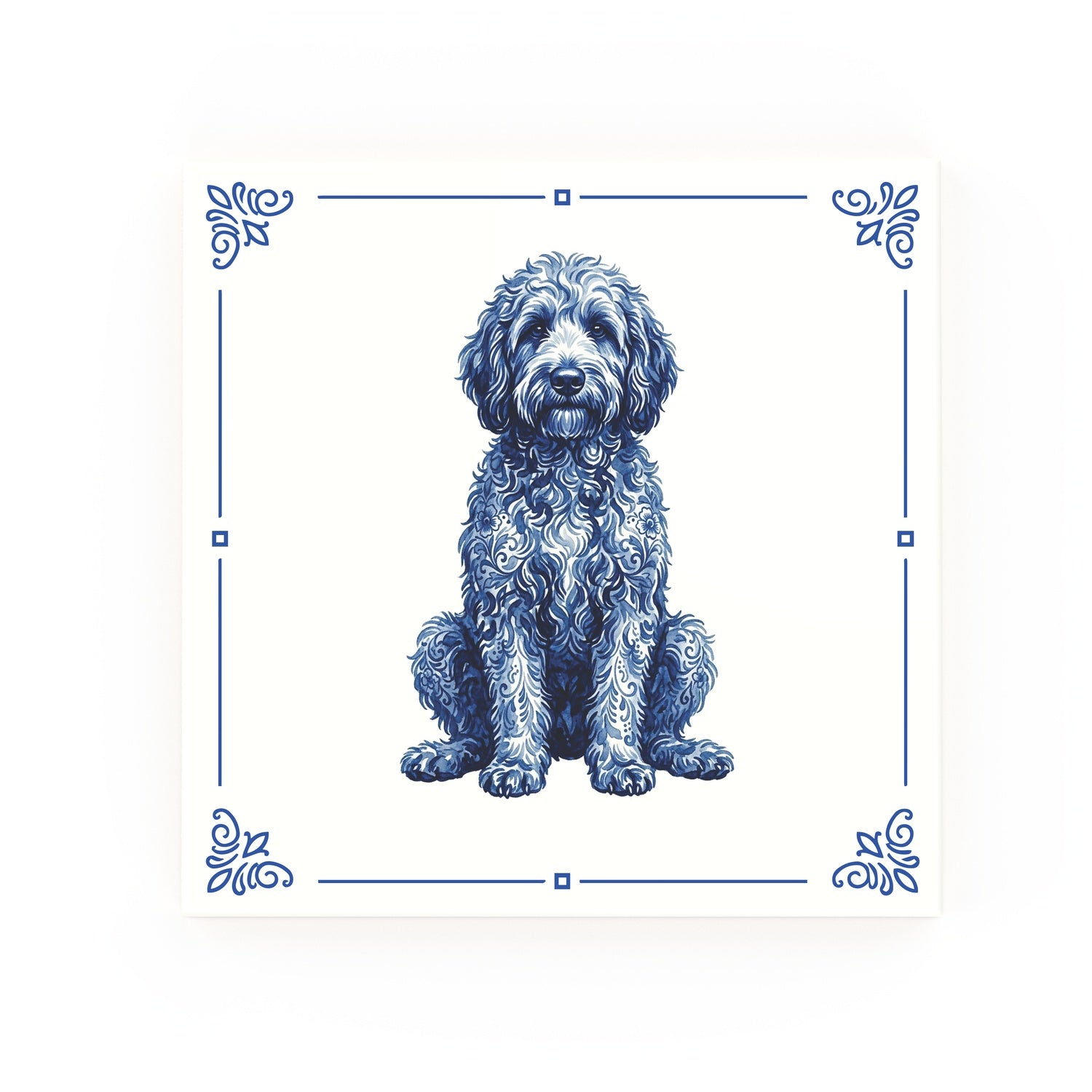 Golden Doodle Delft blue decorative ceramic tile – Classic corner style