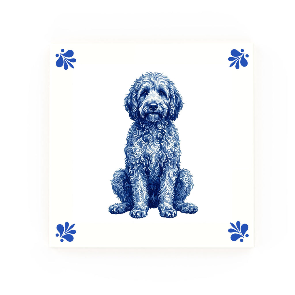 Golden Doodle Delft blue decorative ceramic tile – Modern corner style