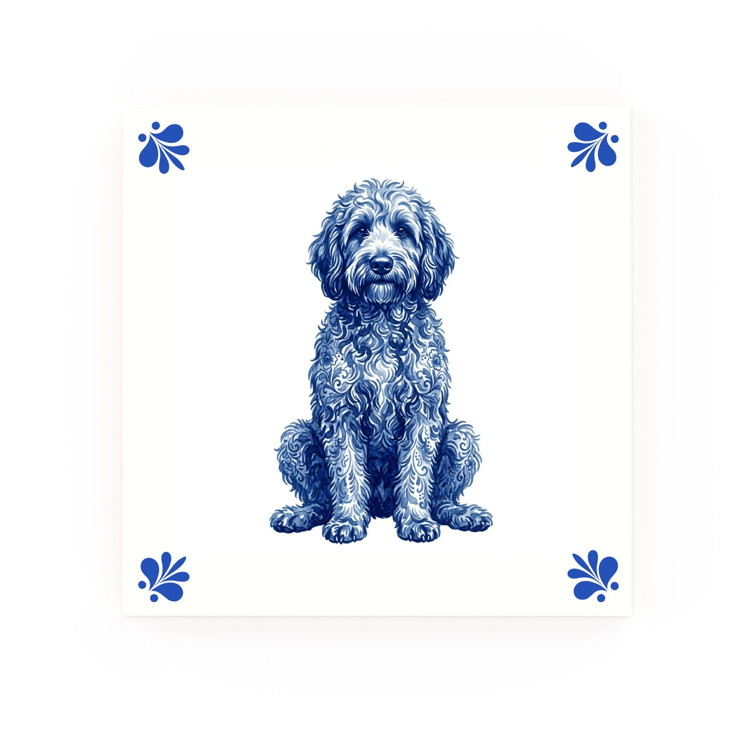 Golden Doodle Delft blue decorative ceramic tile – Modern corner style