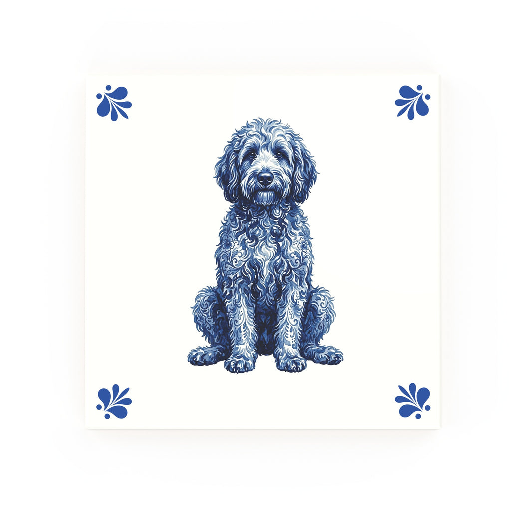 Golden Doodle Delft blue decorative ceramic tile – Modern corner style