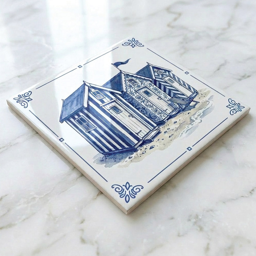 High gloss UV-printed Delft blue tile close-up detail