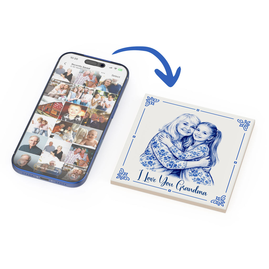 Phone with collage of images on a card with 'I Love You Grandma' text on plaque