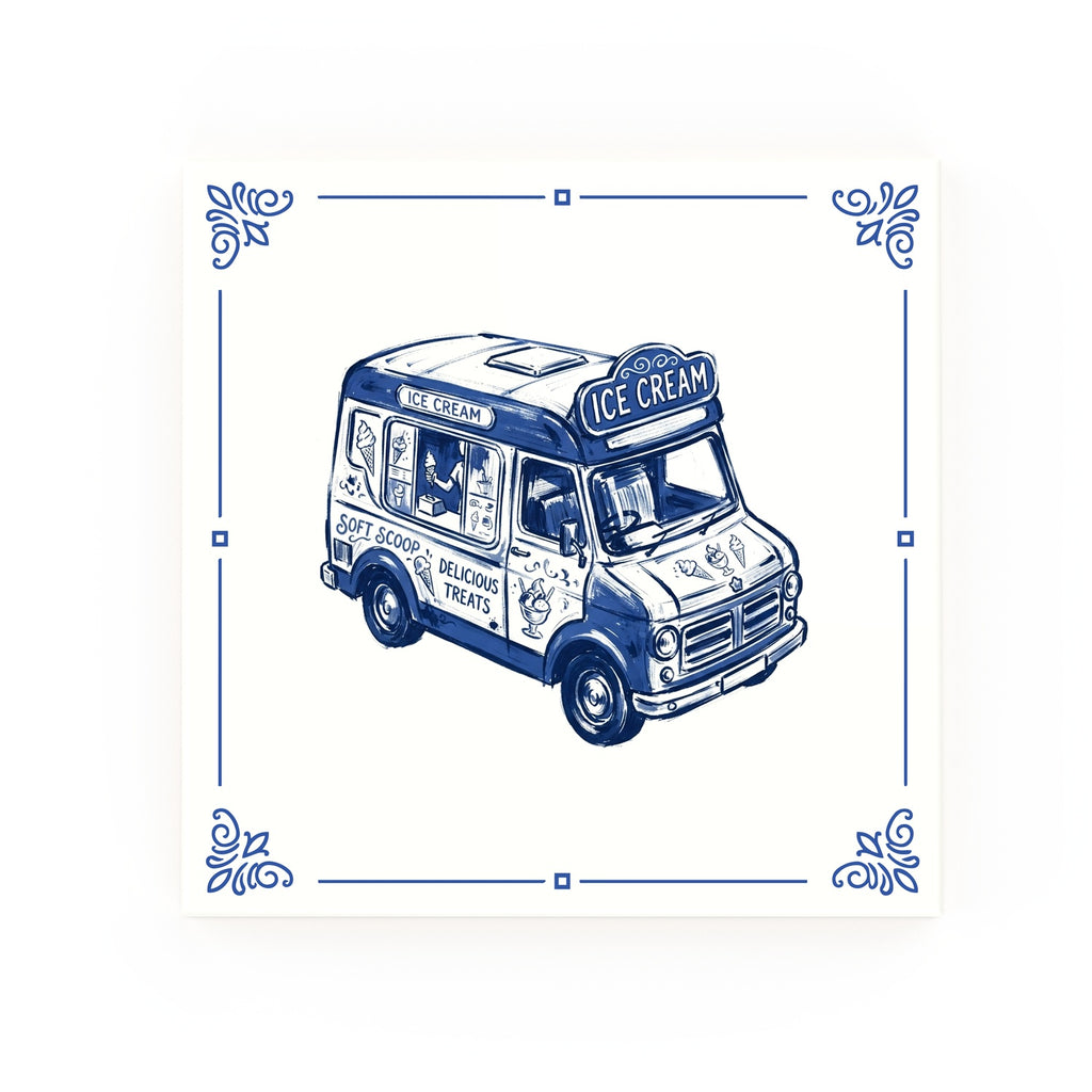 Ice Cream Van Delft blue decorative ceramic tile – Classic corner style