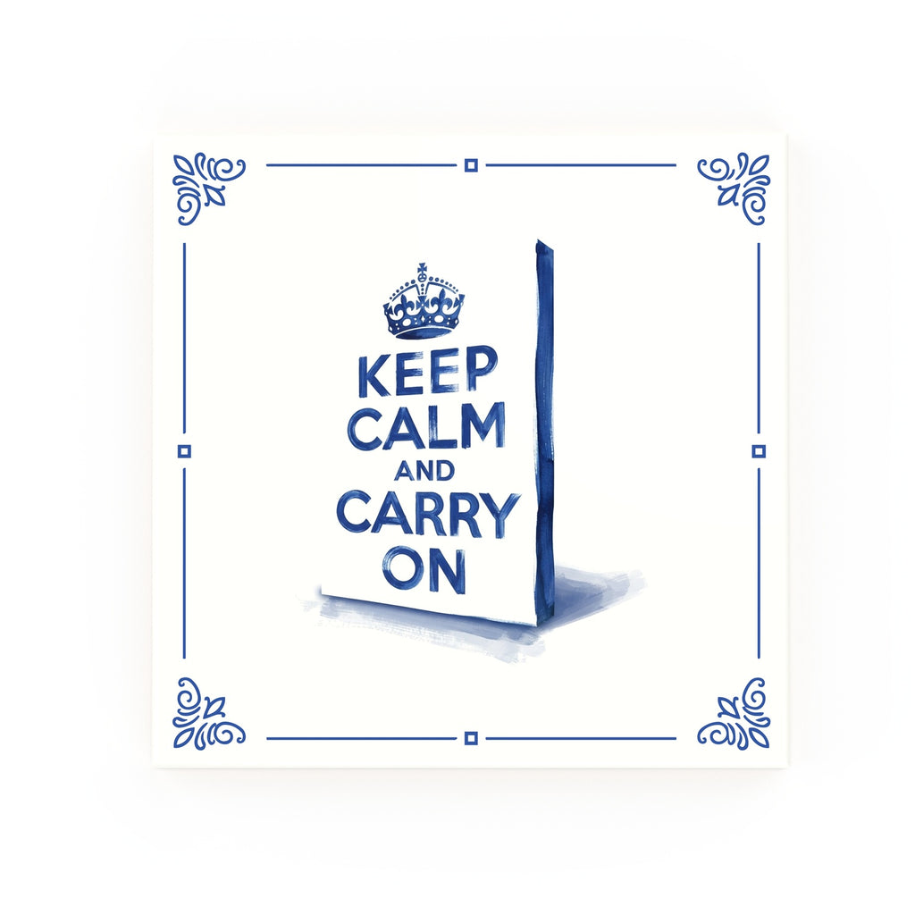Keep Calm and Carry On Delft blue decorative ceramic tile – Classic corner style