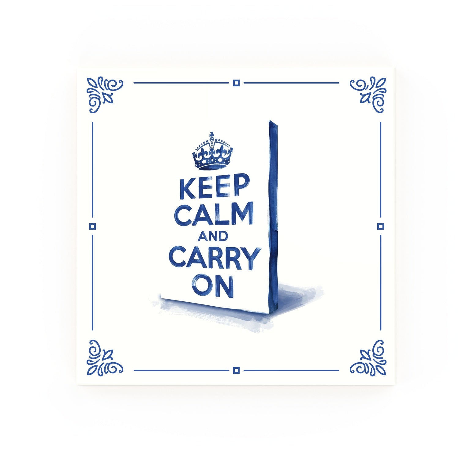 Keep Calm and Carry On Delft blue decorative ceramic tile – Classic corner style
