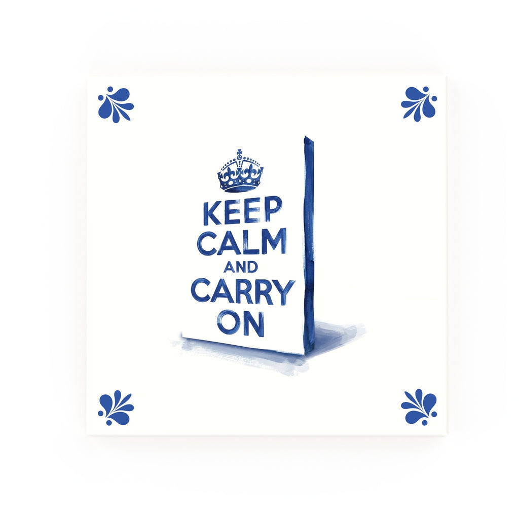 Keep Calm and Carry On Delft blue decorative ceramic tile – Modern corner style