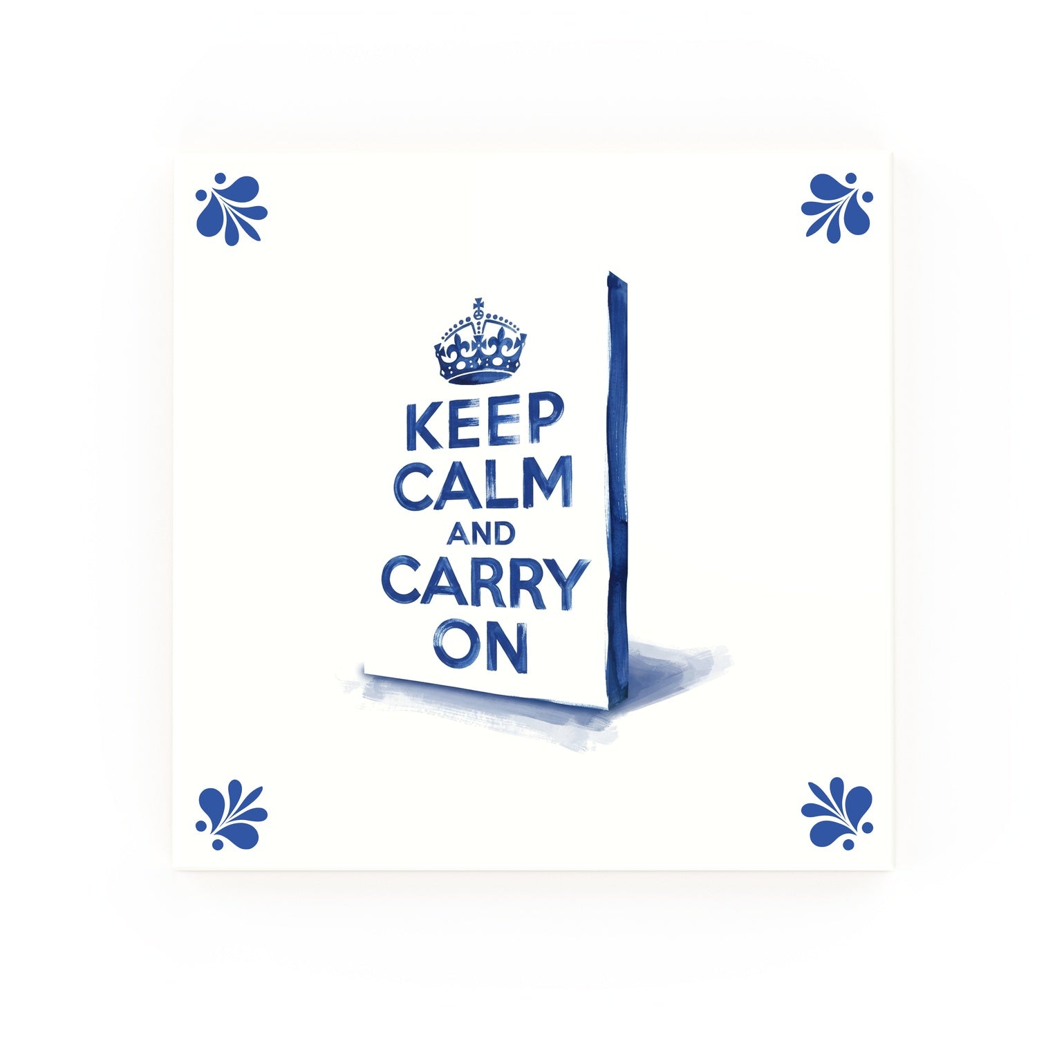 Keep Calm and Carry On Delft blue decorative ceramic tile – Modern corner style