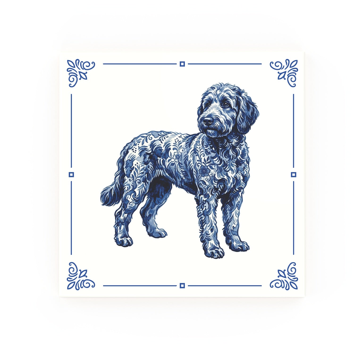 Labradoodle Delft blue decorative ceramic tile – Classic corner style