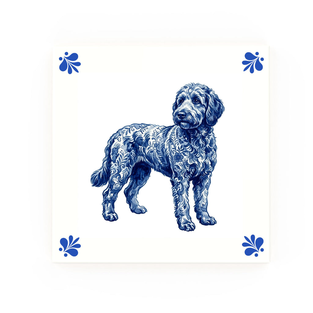 Labradoodle Delft blue decorative ceramic tile – Modern corner style