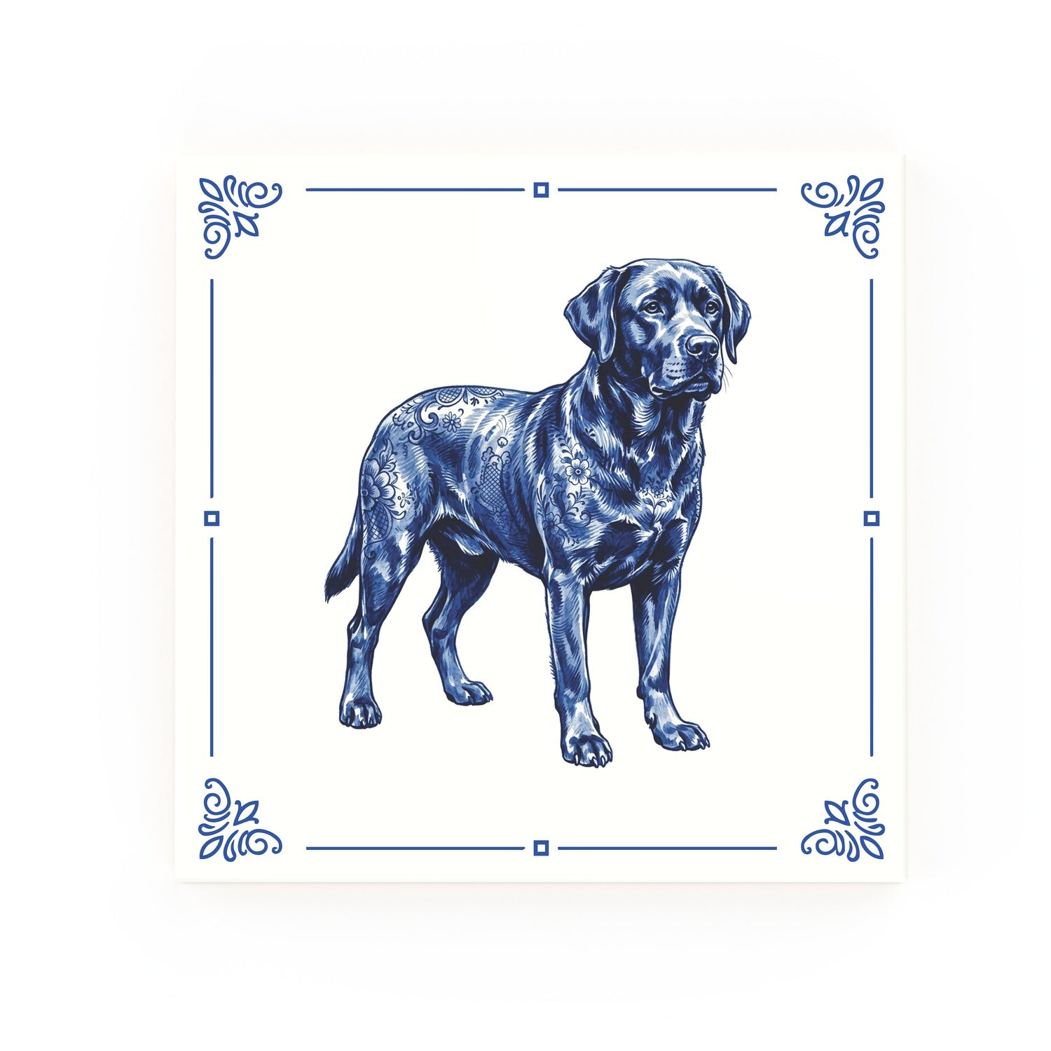 Labrador Retriever Delft blue decorative ceramic tile – Classic corner style