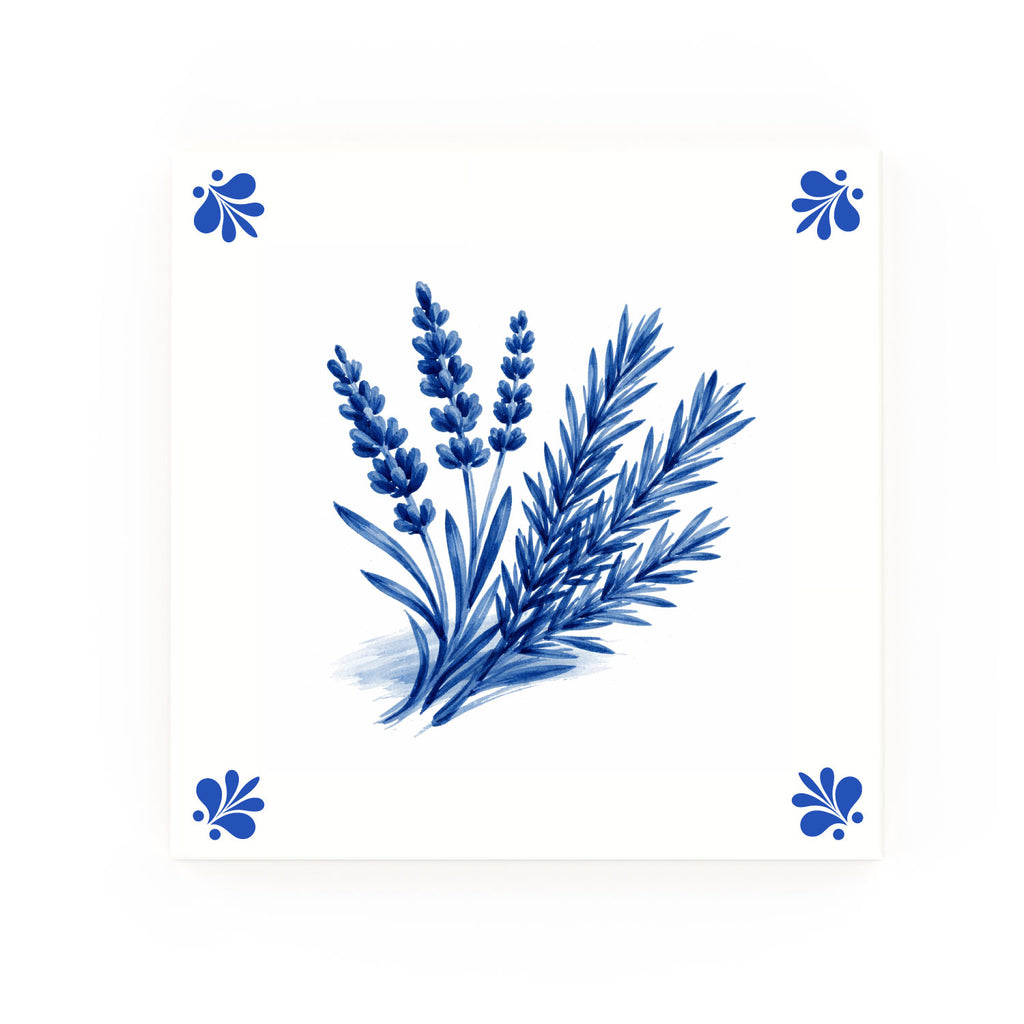 Lavender + Rosemary Delft blue decorative ceramic tile – Modern corner style
