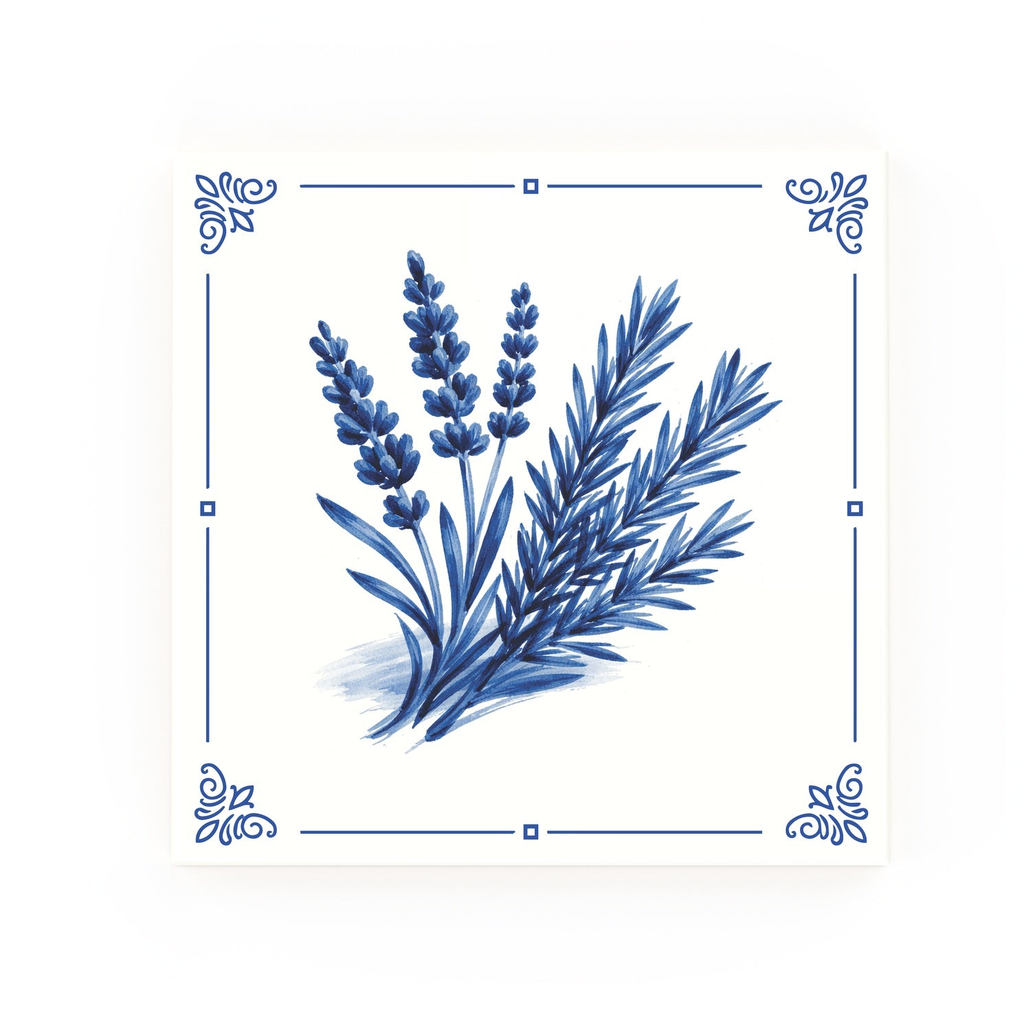 Lavender + Rosemary Delft blue decorative ceramic tile – Classic corner style