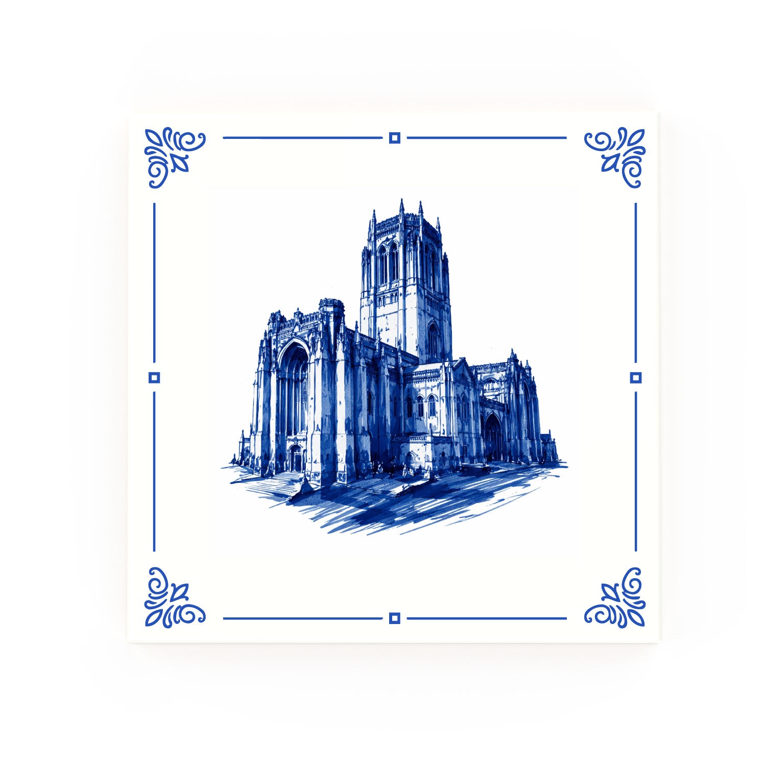 Liverpool Cathedral decorative Delft blue ceramic tile – Classic corners