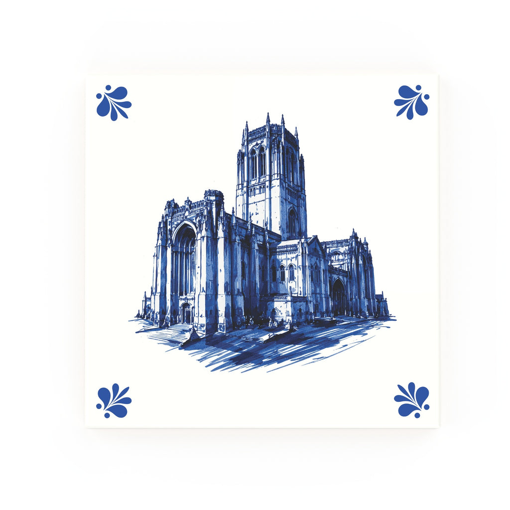Liverpool Cathedral decorative Delft blue ceramic tile – Modern corners