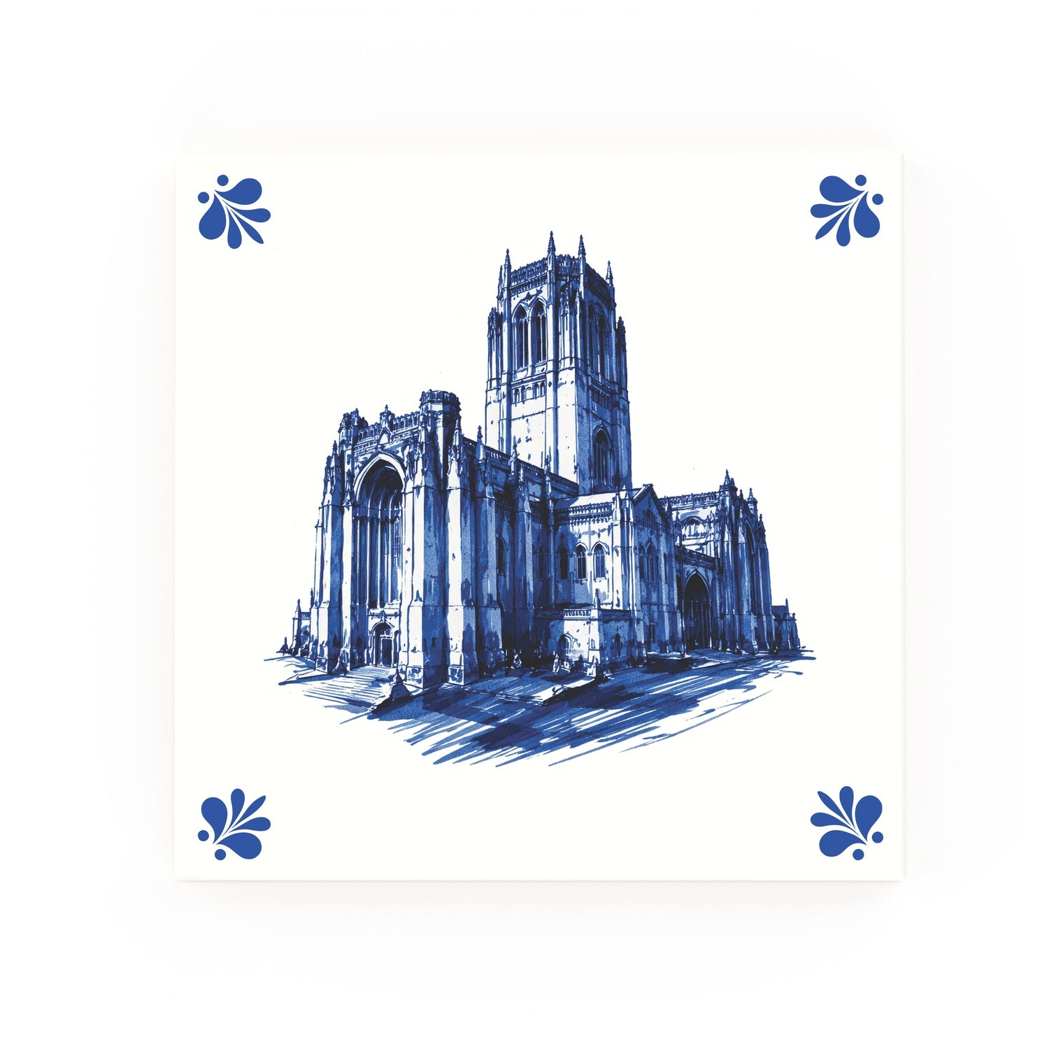 Liverpool Cathedral decorative Delft blue ceramic tile – Modern corners