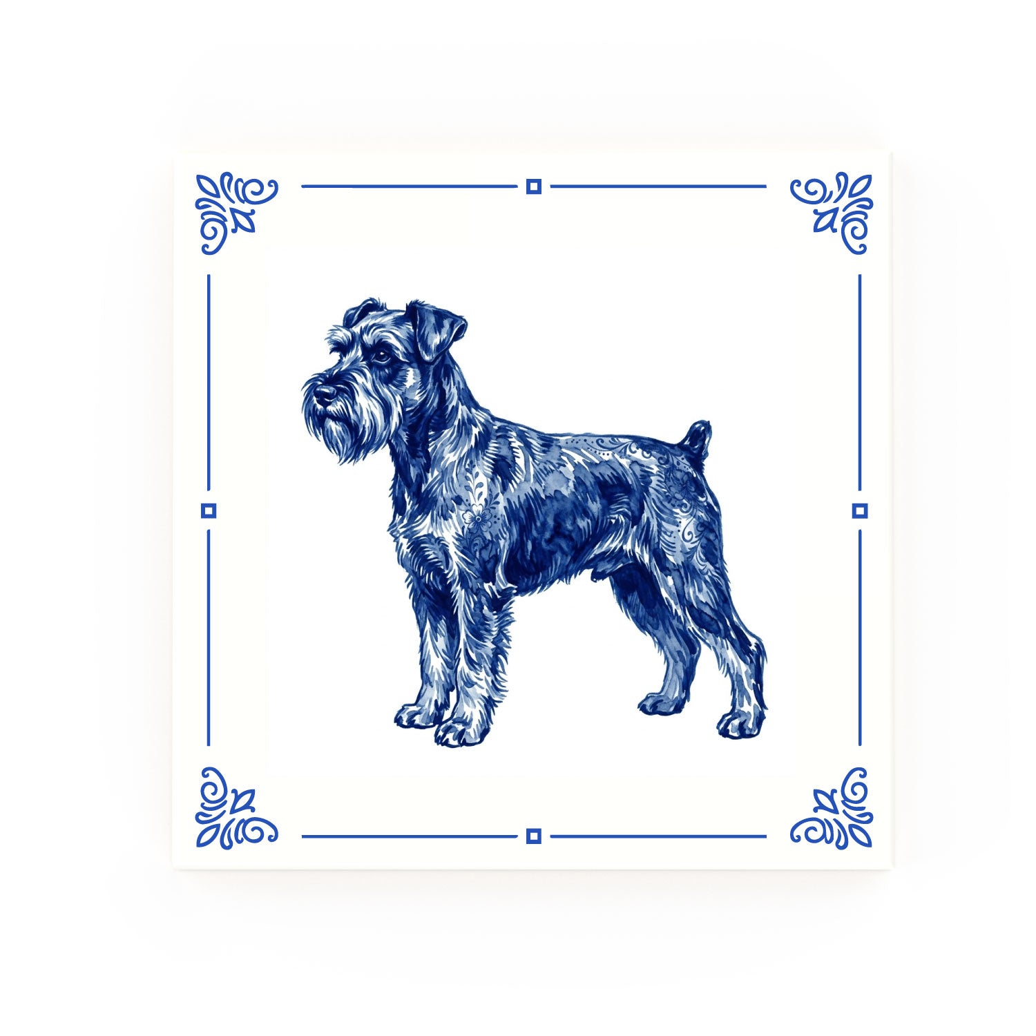 Miniature Schnauzer Delft blue decorative ceramic tile – Classic corner style