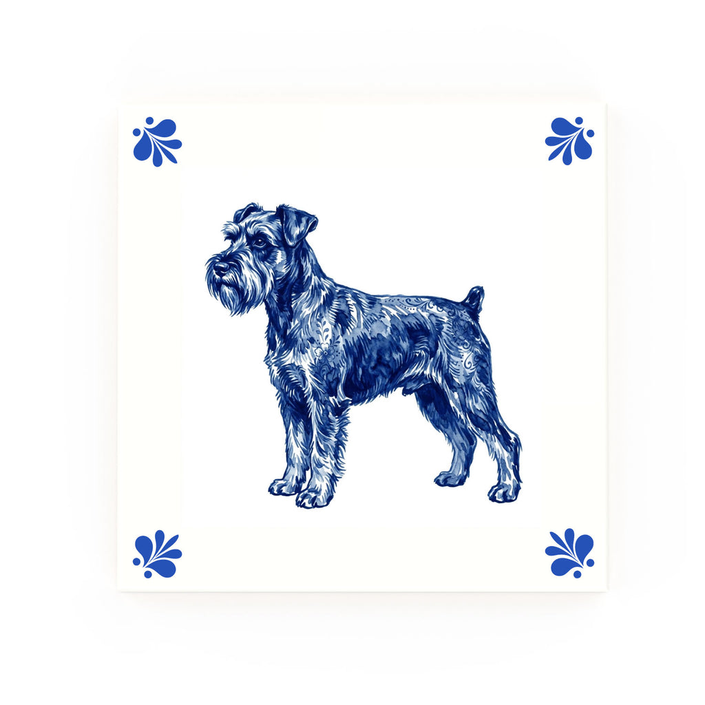 Miniature Schnauzer Delft blue decorative ceramic tile – Modern corner style