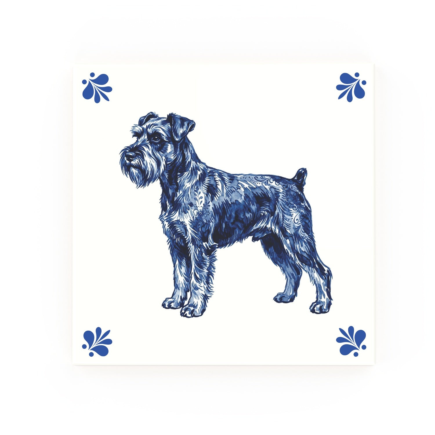 Miniature Schnauzer Delft blue decorative ceramic tile – Modern corner style