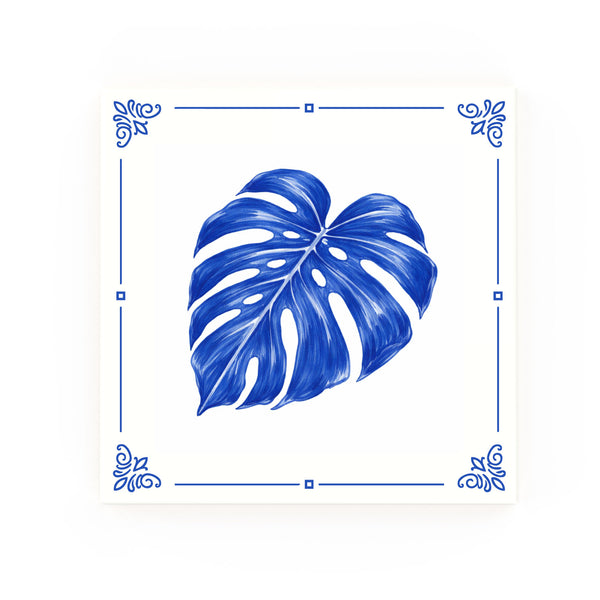 Monstera Leaf Delft blue decorative ceramic tile – Classic corner style