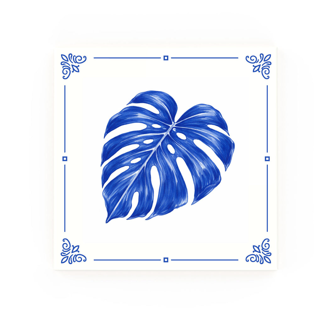 Monstera Leaf Delft blue decorative ceramic tile – Classic corner style