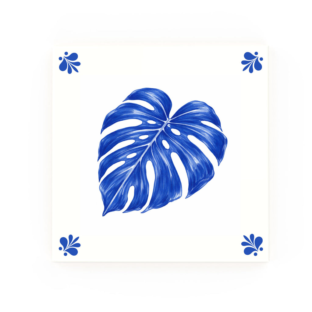 Monstera Leaf Delft blue decorative ceramic tile – Modern corner style