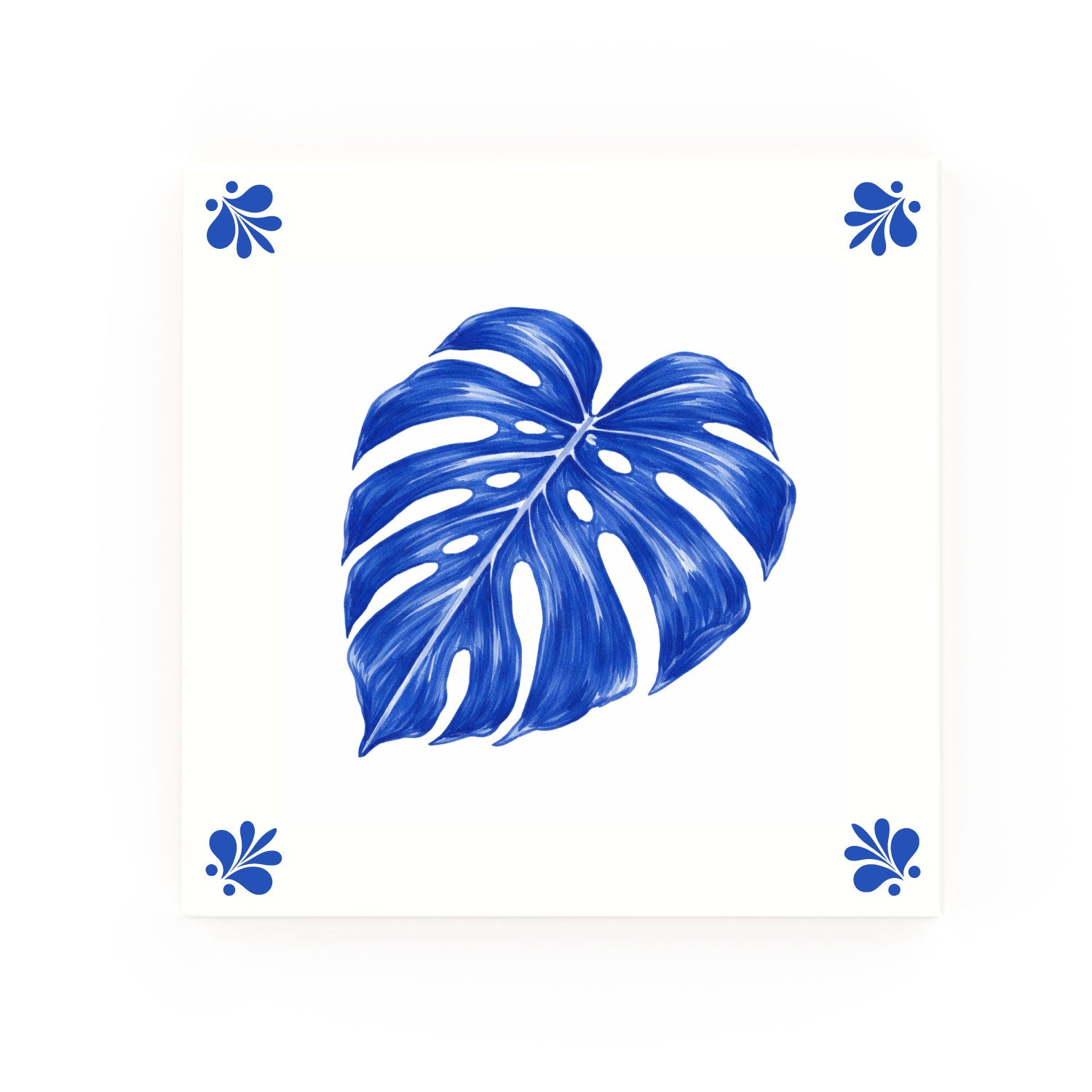 Monstera Leaf Delft blue decorative ceramic tile – Modern corner style