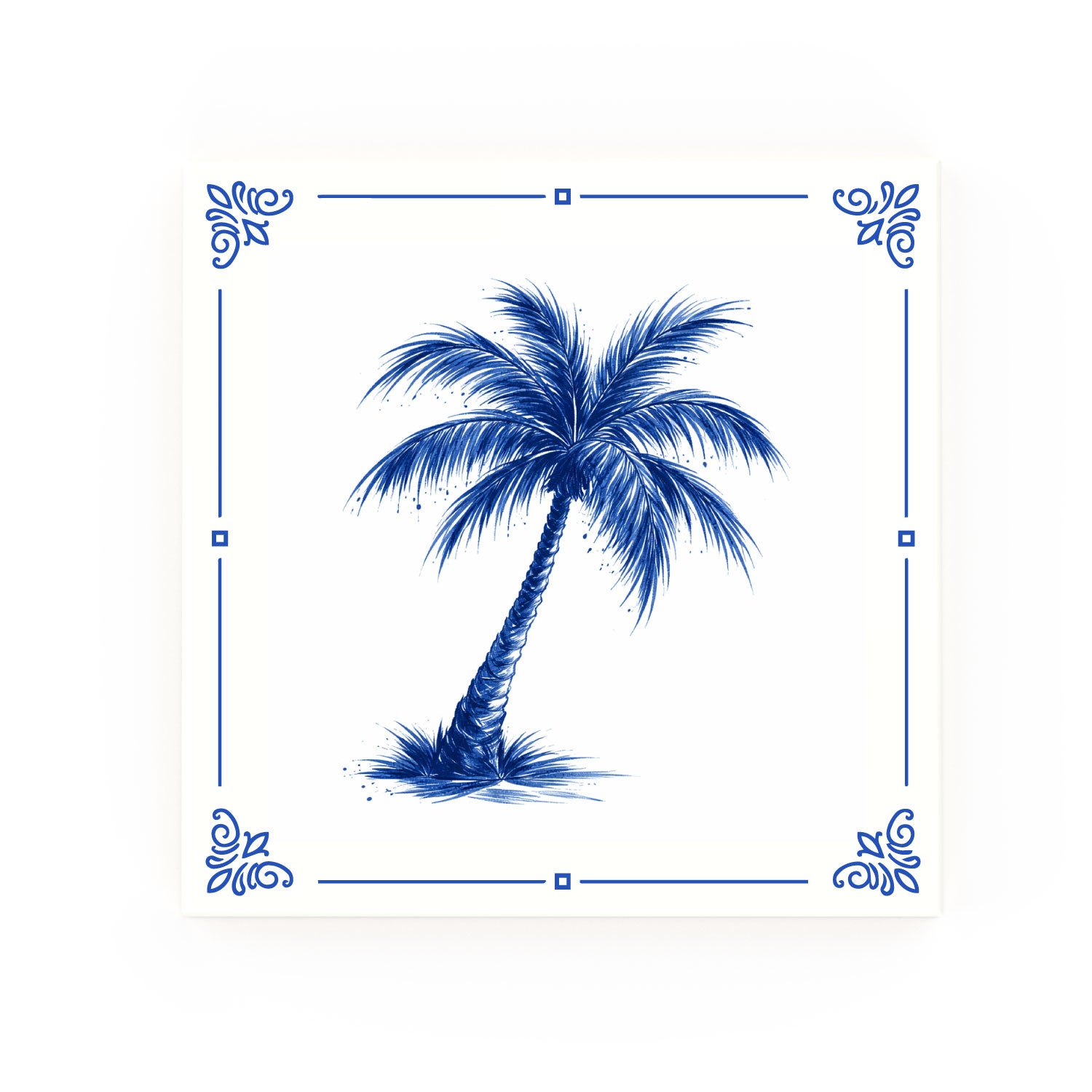 Palm Tree Delft blue decorative ceramic tile – Classic corner style