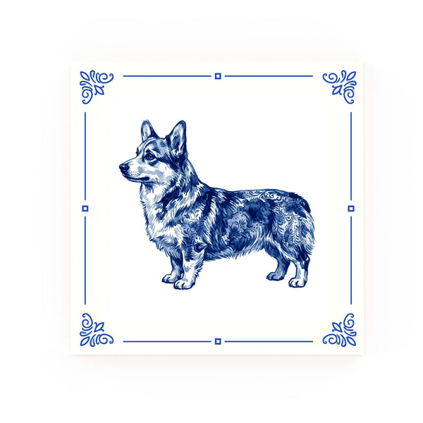 Pembroke Welsh Corgi Delft blue decorative ceramic tile – Classic corner style