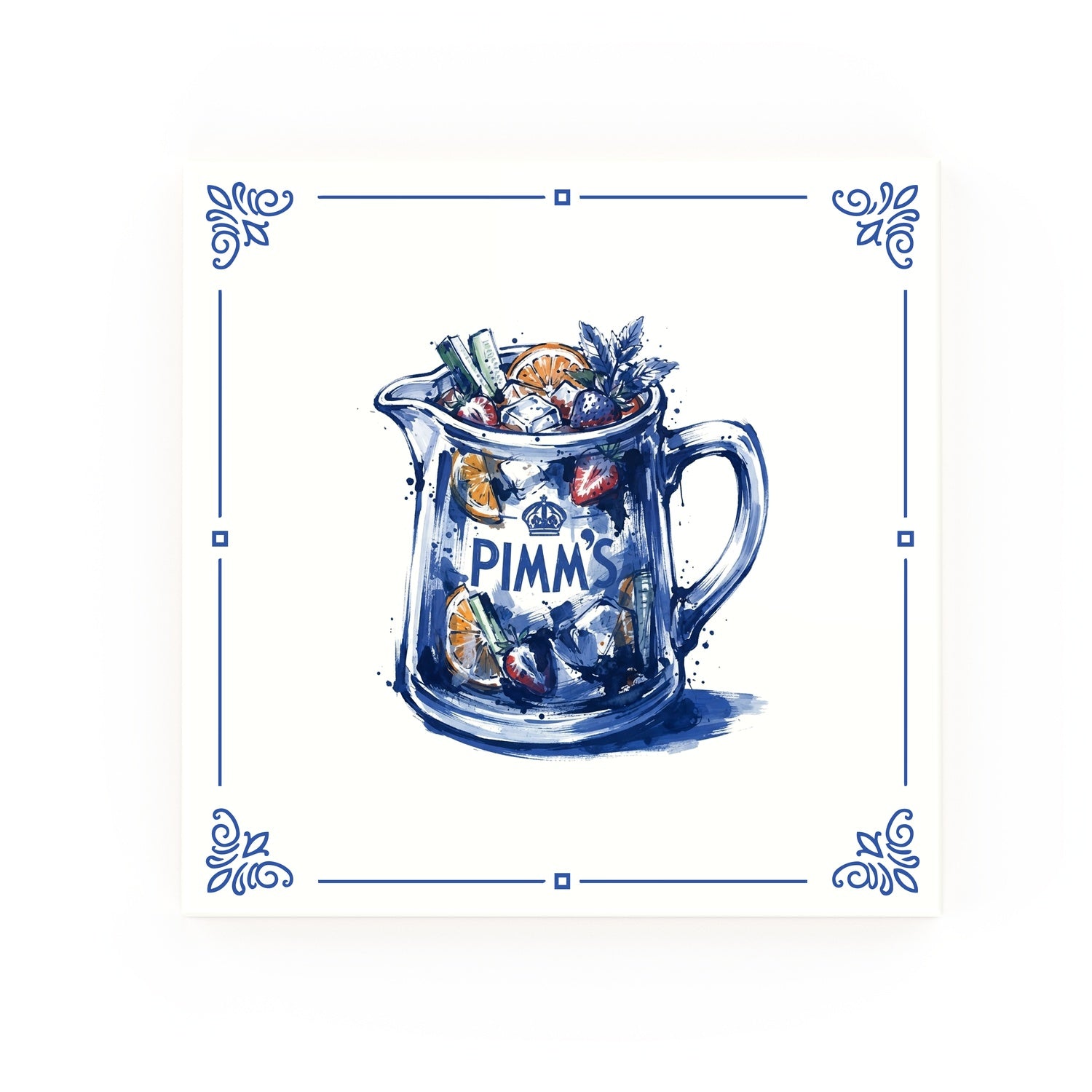 Pimm's Jug Delft blue decorative ceramic tile – Classic corner style