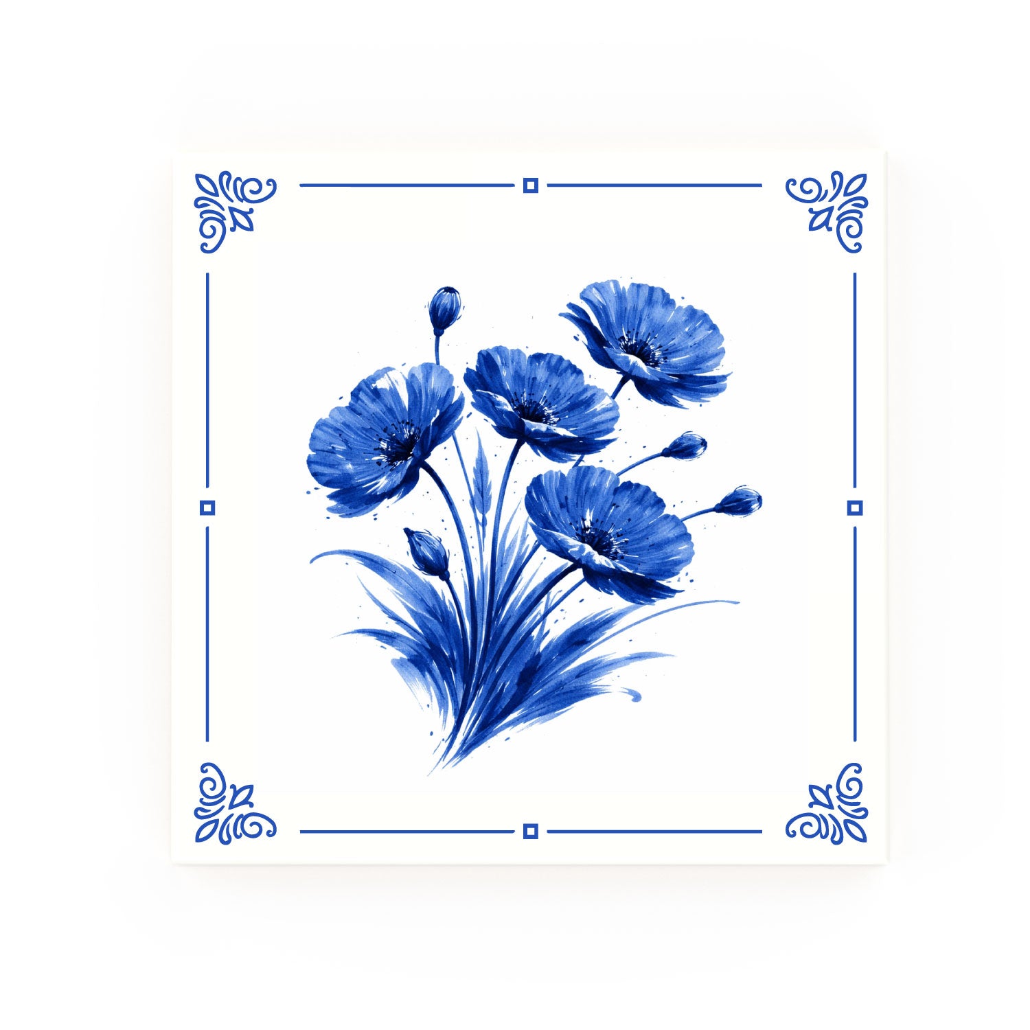 Poppies Delft blue decorative ceramic tile – Classic corner style