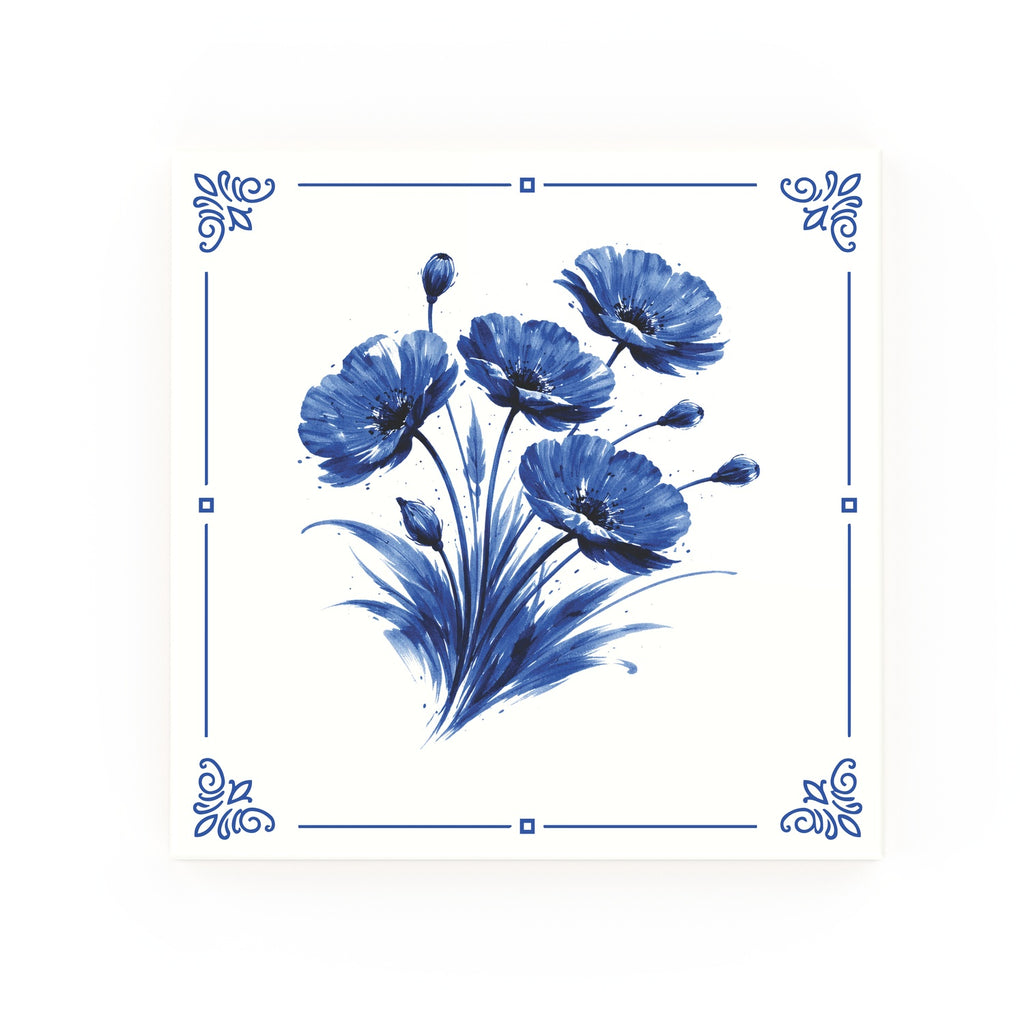 Poppies Delft blue decorative ceramic tile – Classic corner style