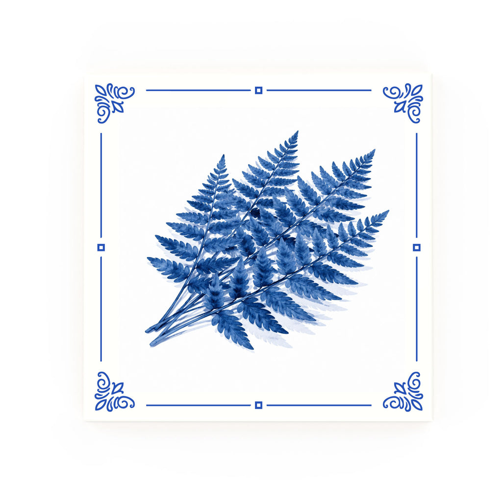 Pressed Ferns Delft blue decorative ceramic tile – Classic corner style