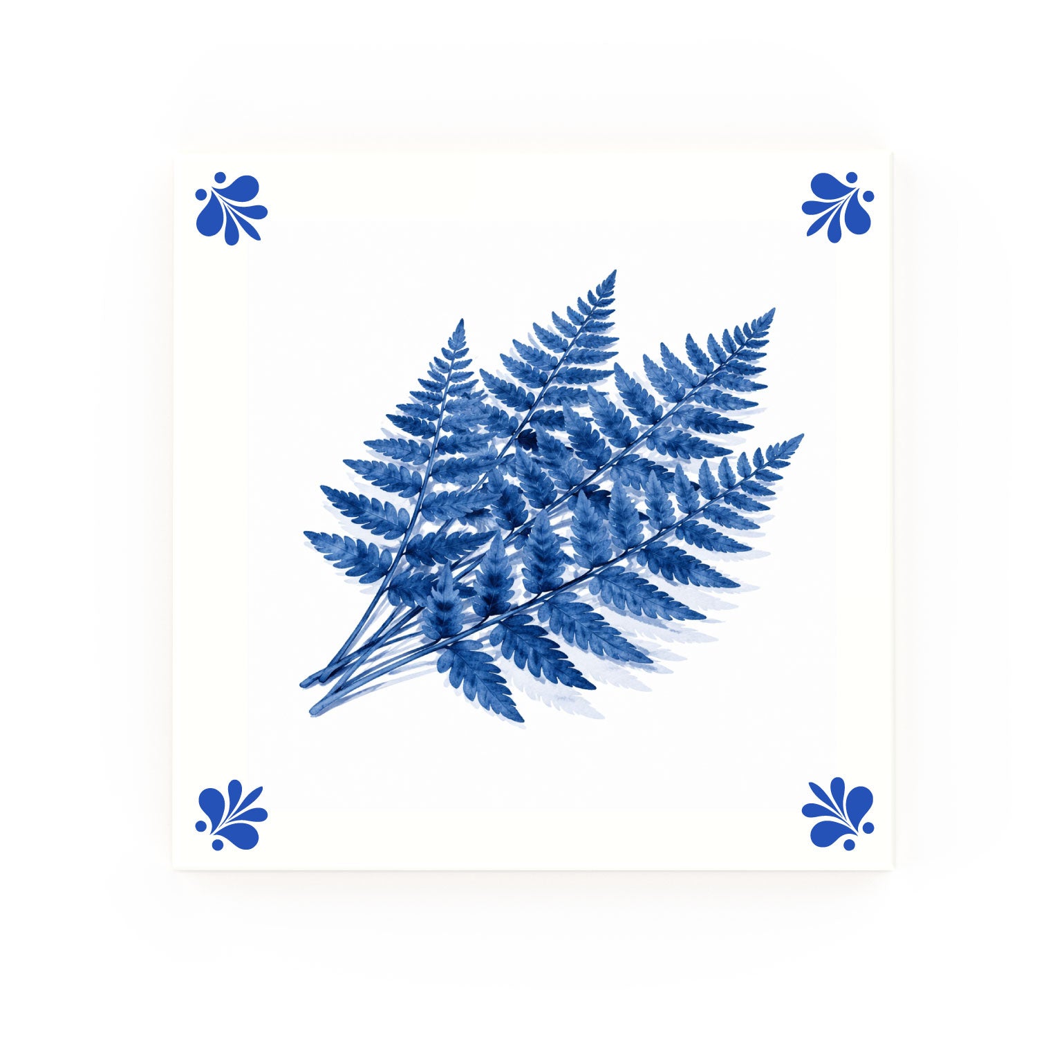 Pressed Ferns Delft blue decorative ceramic tile – Modern corner style