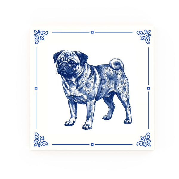 Pug Delft blue decorative ceramic tile – Classic corner style