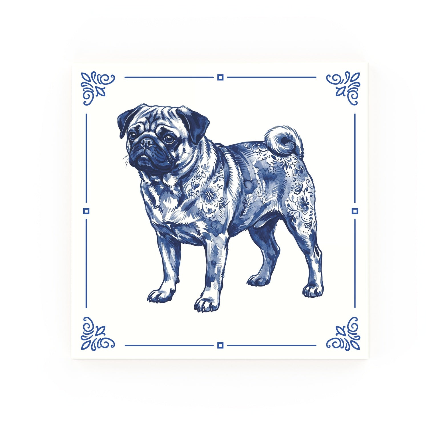 Pug Delft blue decorative ceramic tile – Classic corner style
