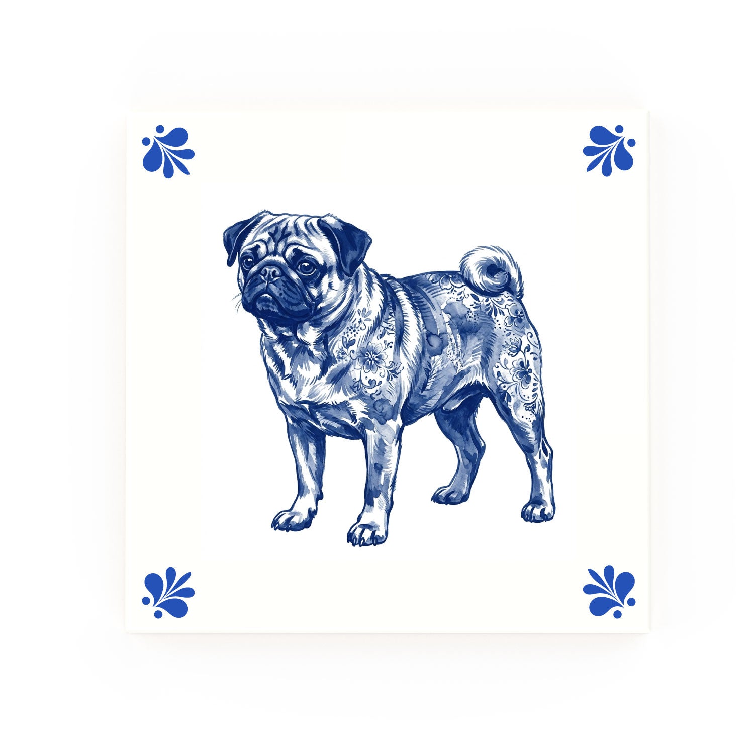 Pug Delft blue decorative ceramic tile – Modern corner style