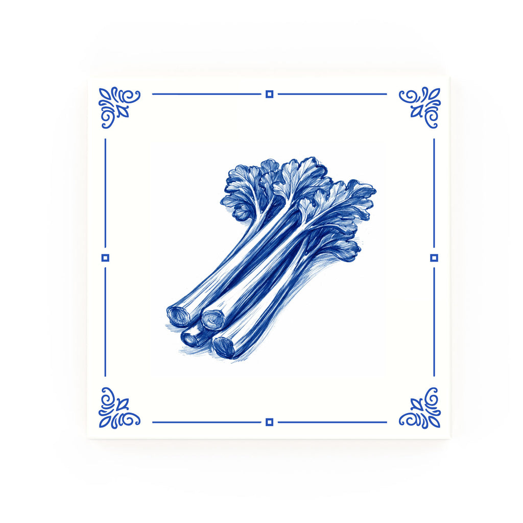 Rhubarb Delft blue decorative ceramic tile – Classic corner style