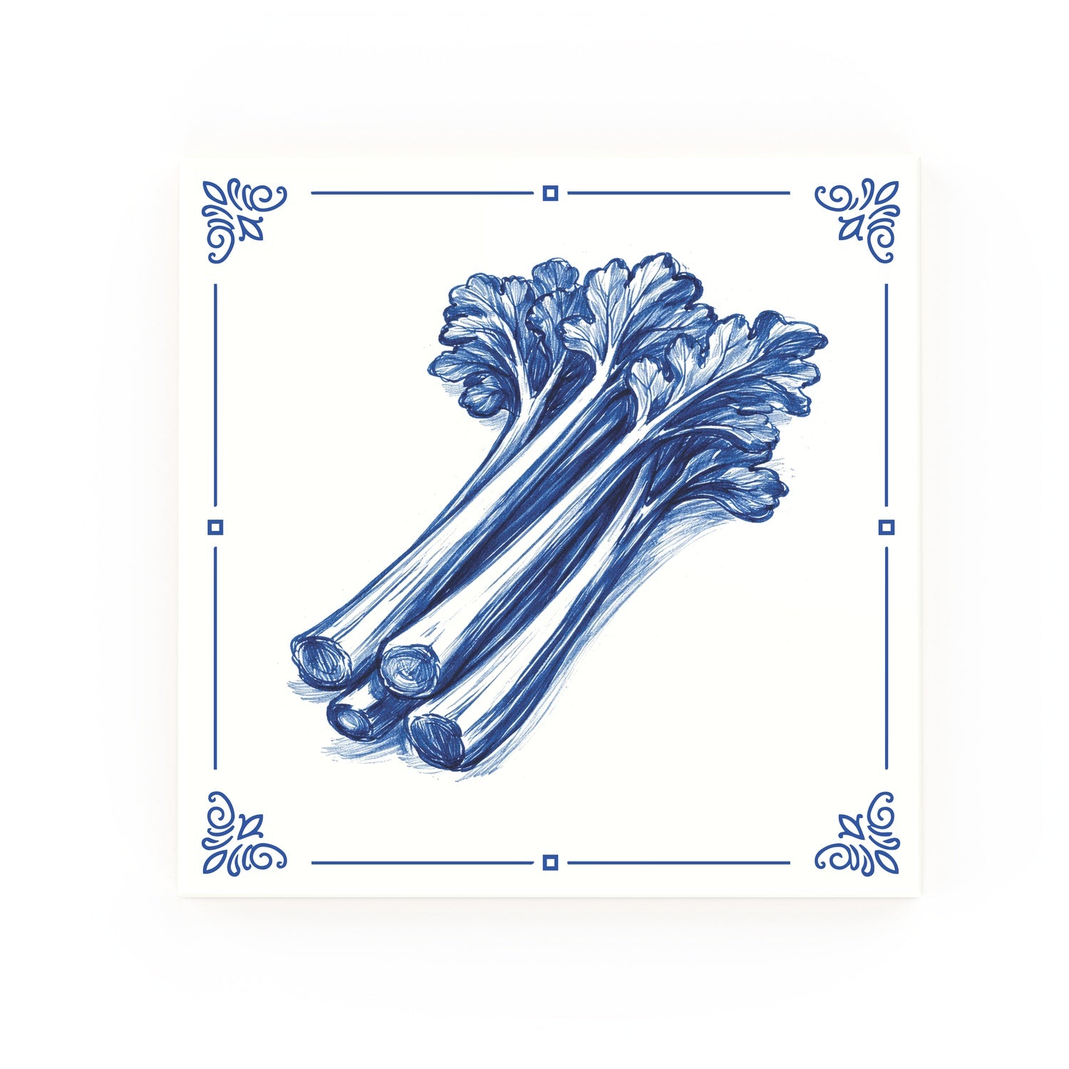 Rhubarb Delft blue decorative ceramic tile – Classic corner style