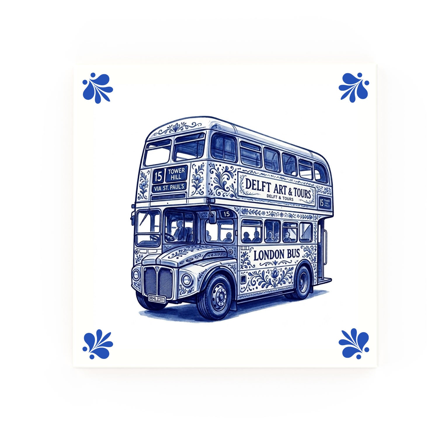 Routemaster Bus Delft blue decorative ceramic tile – Modern corner style
