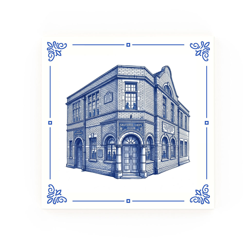 Salford Lads Club Delft blue decorative ceramic tile – Classic corner style