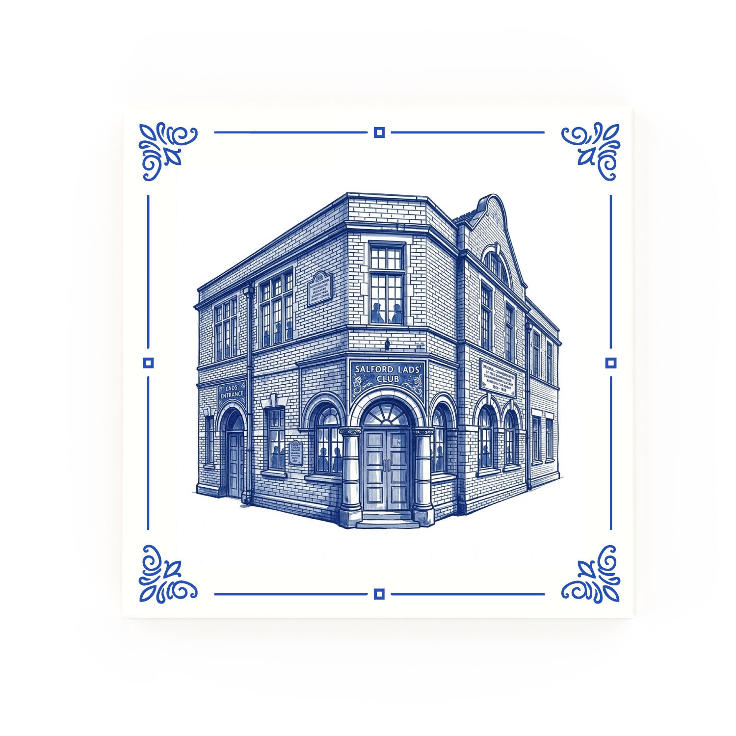 Salford Lads Club Delft blue decorative ceramic tile – Classic corner style