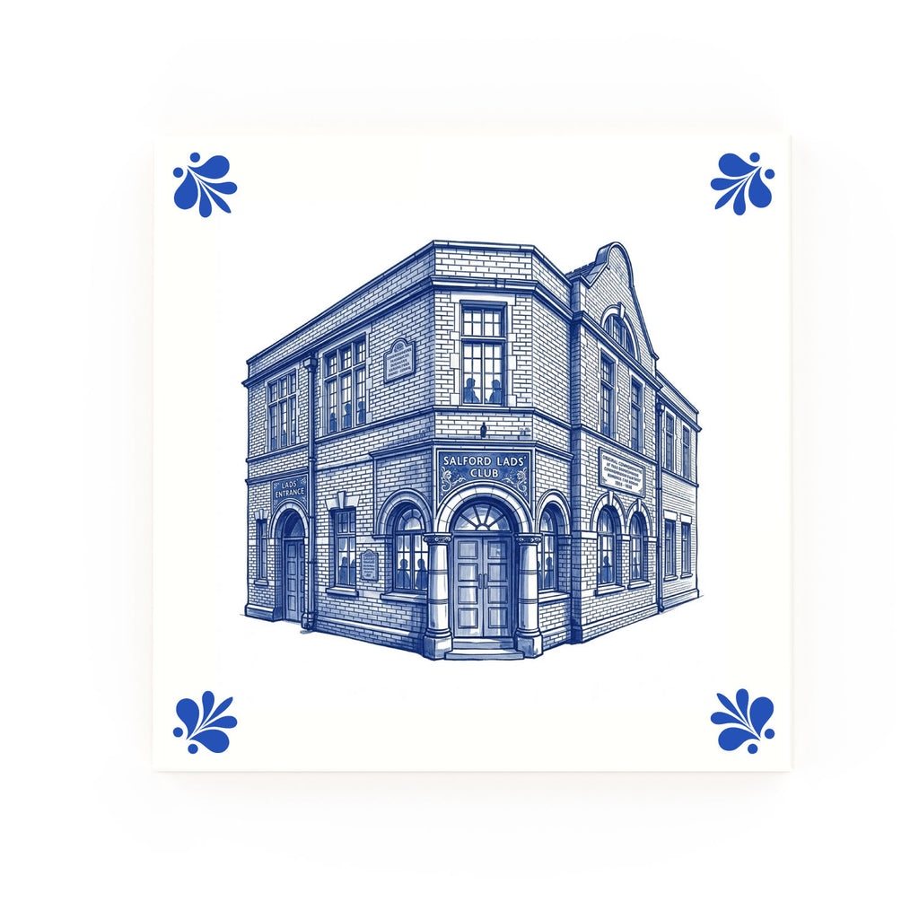 Salford Lads Club Delft blue decorative ceramic tile – Modern corner style