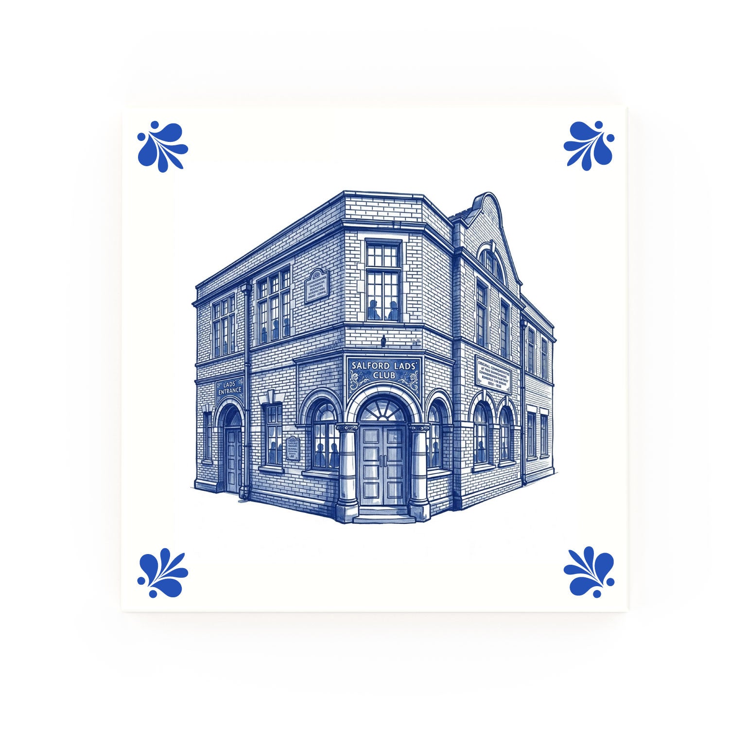 Salford Lads Club Delft blue decorative ceramic tile – Modern corner style