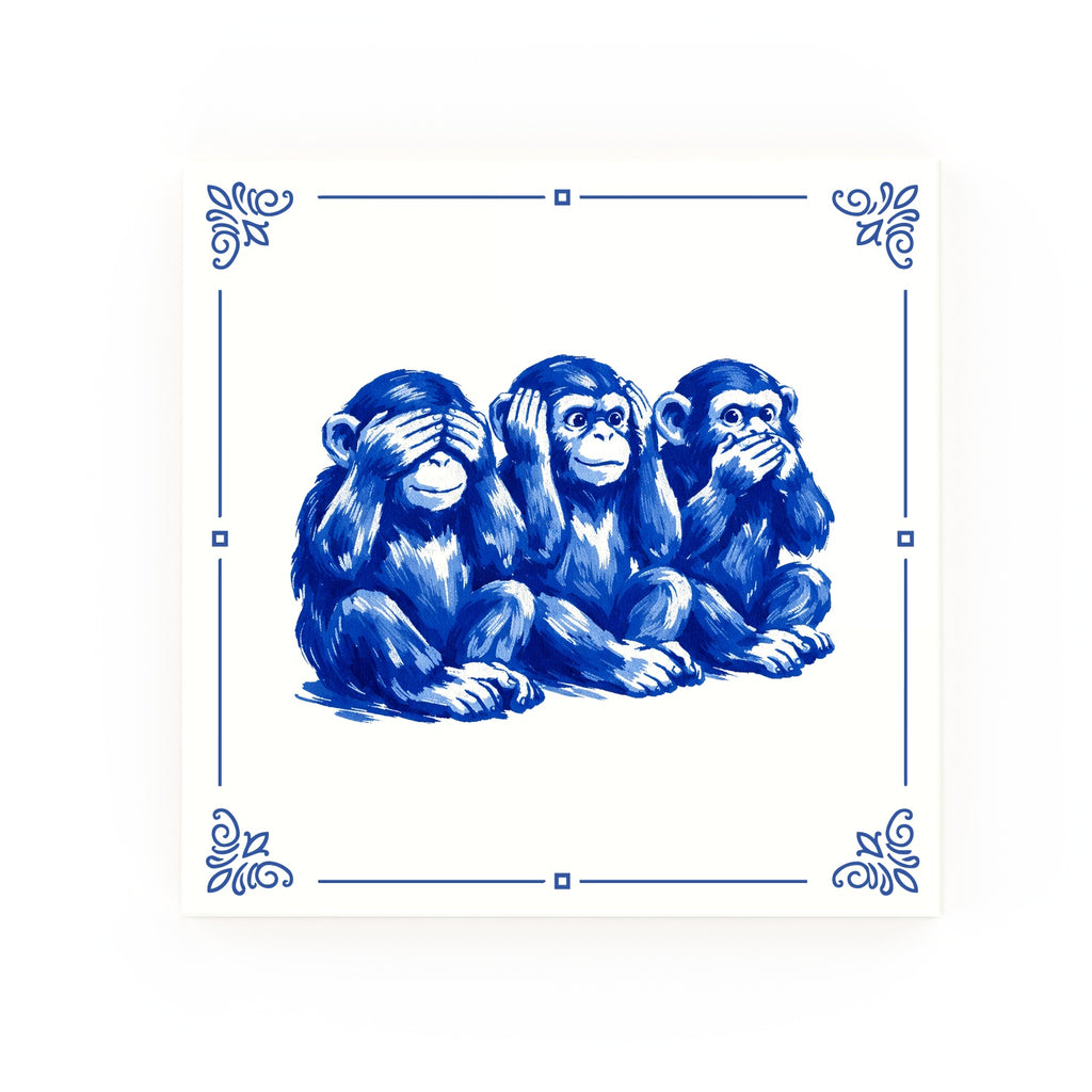See-Hear-Speak Monkies Delft blue decorative ceramic tile – Classic corner style