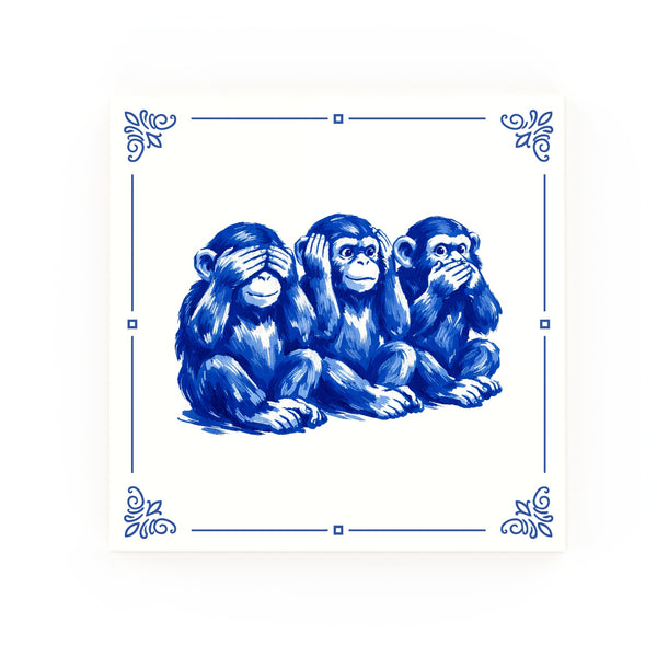 See-Hear-Speak Monkies Delft blue decorative ceramic tile – Classic corner style