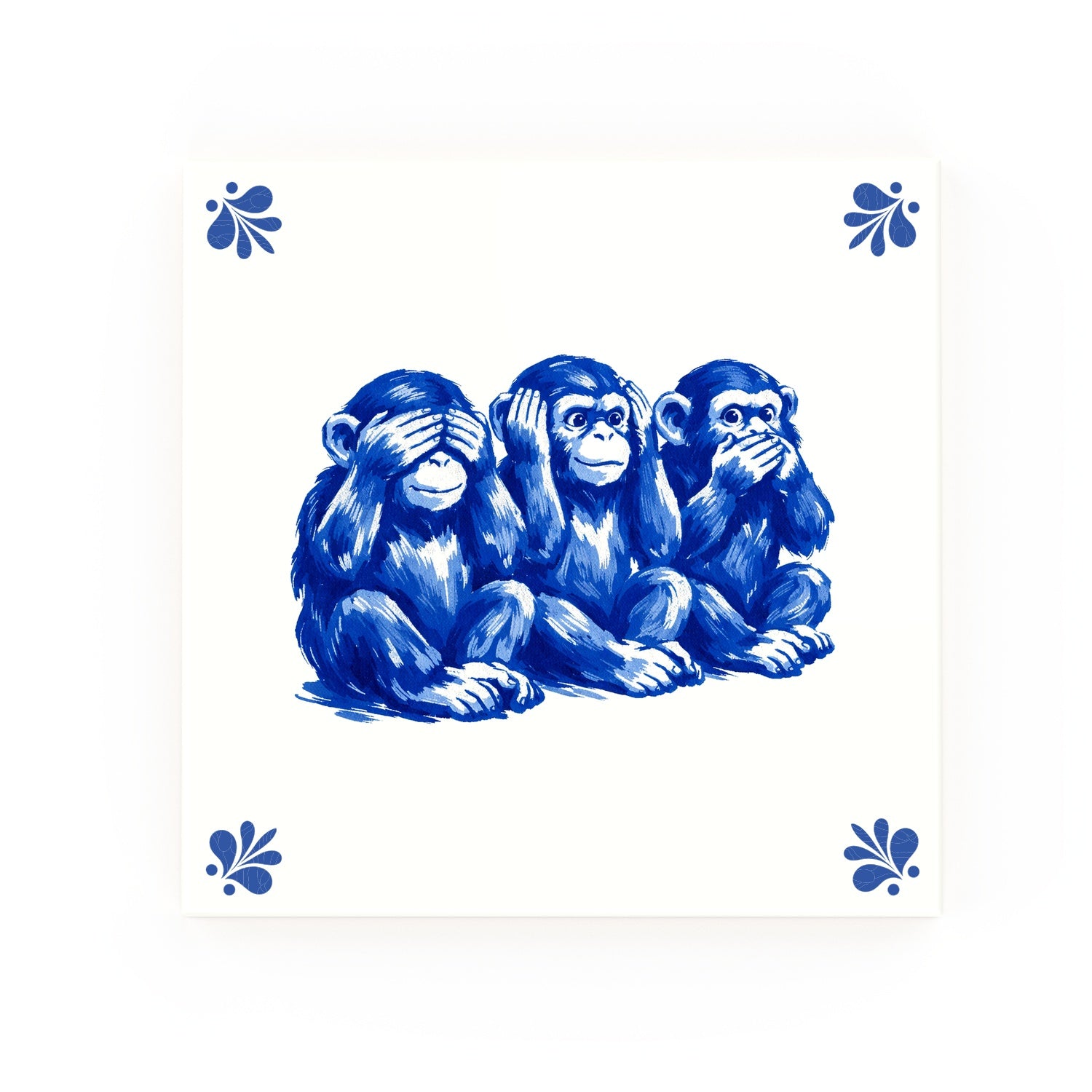 See-Hear-Speak Monkies Delft blue decorative ceramic tile – Modern corner style