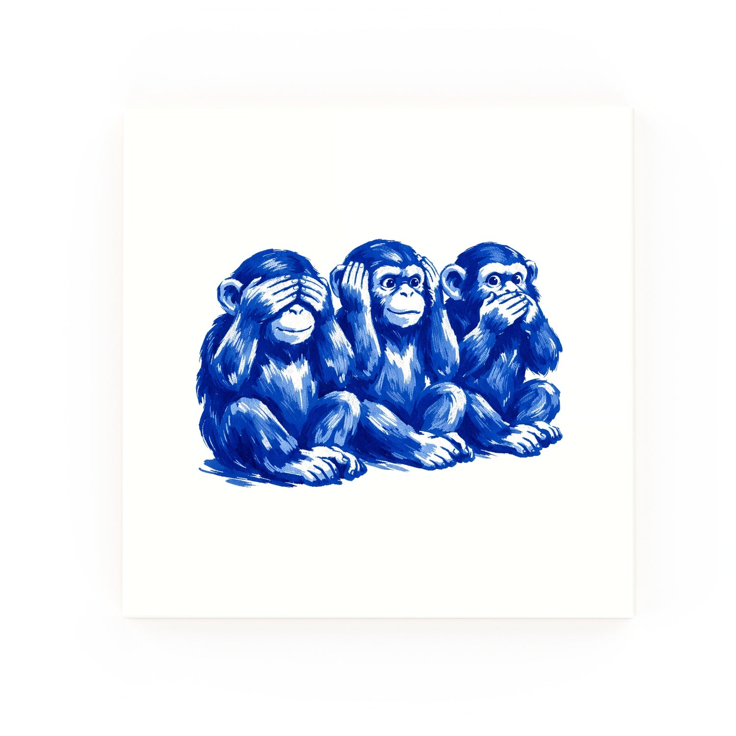 See-Hear-Speak Monkies Delft blue decorative ceramic tile – no corner style