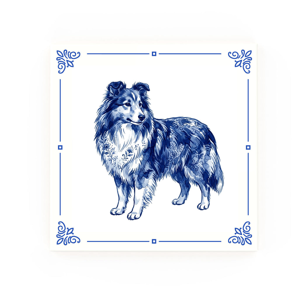 Shetland Sheepdog Delft blue decorative ceramic tile – Classic corner style