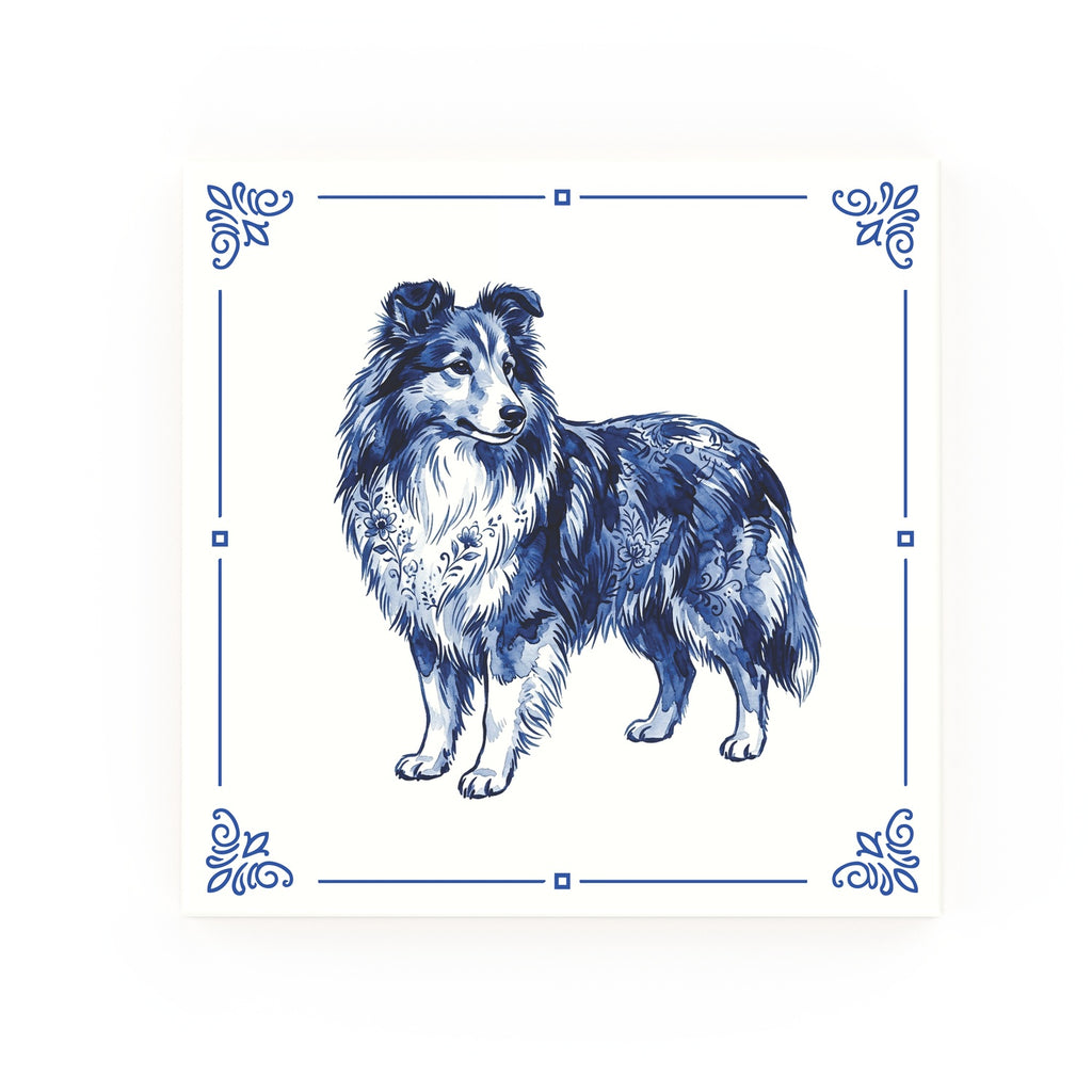 Shetland Sheepdog Delft blue decorative ceramic tile – Classic corner style